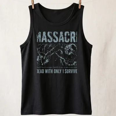 Vintage distressed horror t-shirt with silhouetted figure and bold text — printed on a tank top