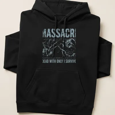 Vintage distressed horror t-shirt with silhouetted figure and bold text — printed on a unisex hoodie