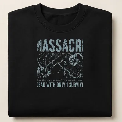 Vintage distressed horror t-shirt with silhouetted figure and bold text — printed on a unisex sweatshirt