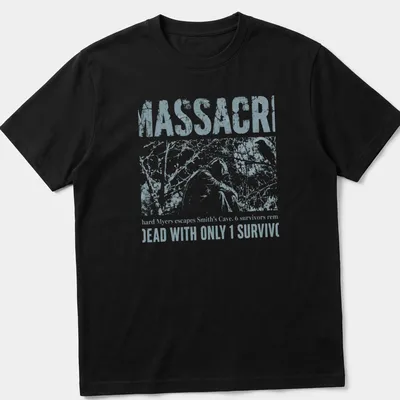 Vintage distressed horror t-shirt with silhouetted figure and bold text
