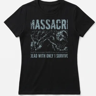 Vintage distressed horror t-shirt with silhouetted figure and bold text — printed on a women's shirt