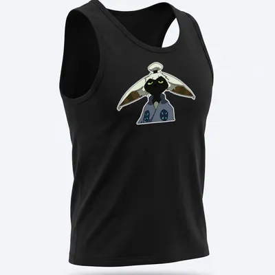 Animated design featuring Master Momo character in black, white, blue, and green — printed on a tank top