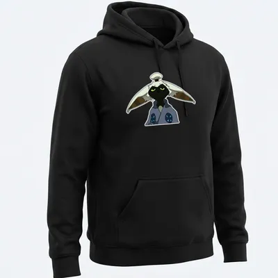 Animated design featuring Master Momo character in black, white, blue, and green — printed on a unisex hoodie