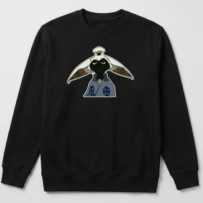 Animated design featuring Master Momo character in black, white, blue, and green — printed on a unisex sweatshirt