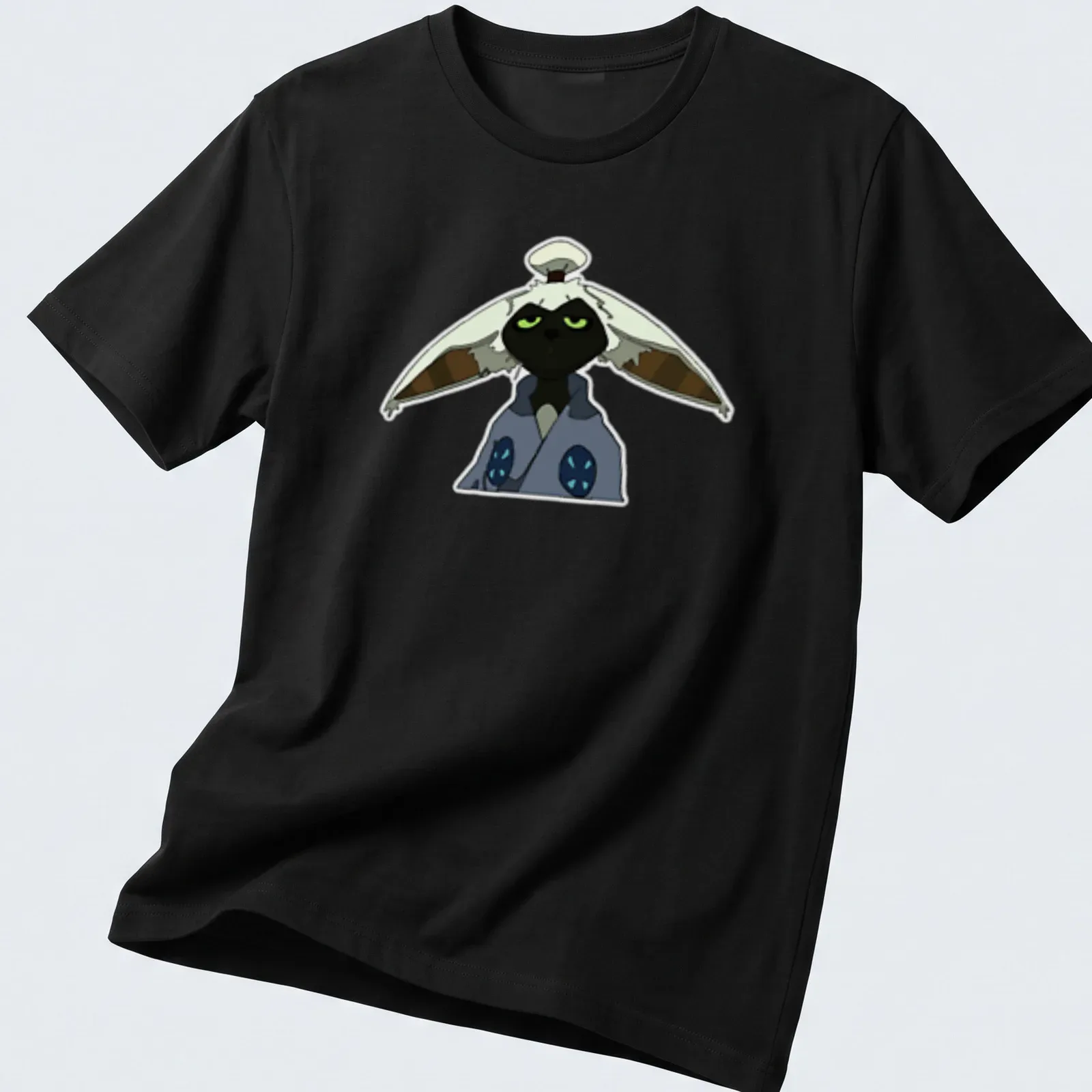 Animated design featuring Master Momo character in black, white, blue, and green — printed on a unisex t-shirt