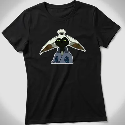 Animated design featuring Master Momo character in black, white, blue, and green — printed on a women's shirt