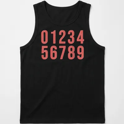 Retro marquee print featuring numbers 0 to 9 in red, pink, and white — printed on a tank top