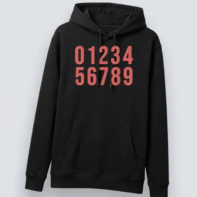 Retro marquee print featuring numbers 0 to 9 in red, pink, and white — printed on a unisex hoodie