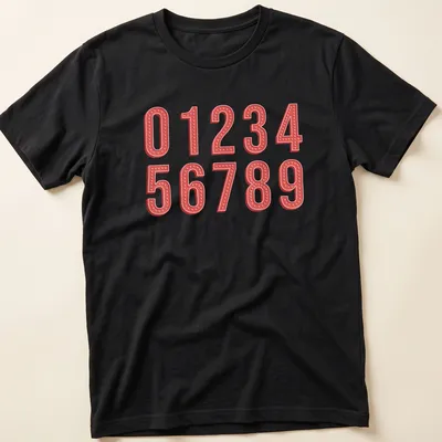 Retro marquee print featuring numbers 0 to 9 in red, pink, and white — printed on a unisex t-shirt
