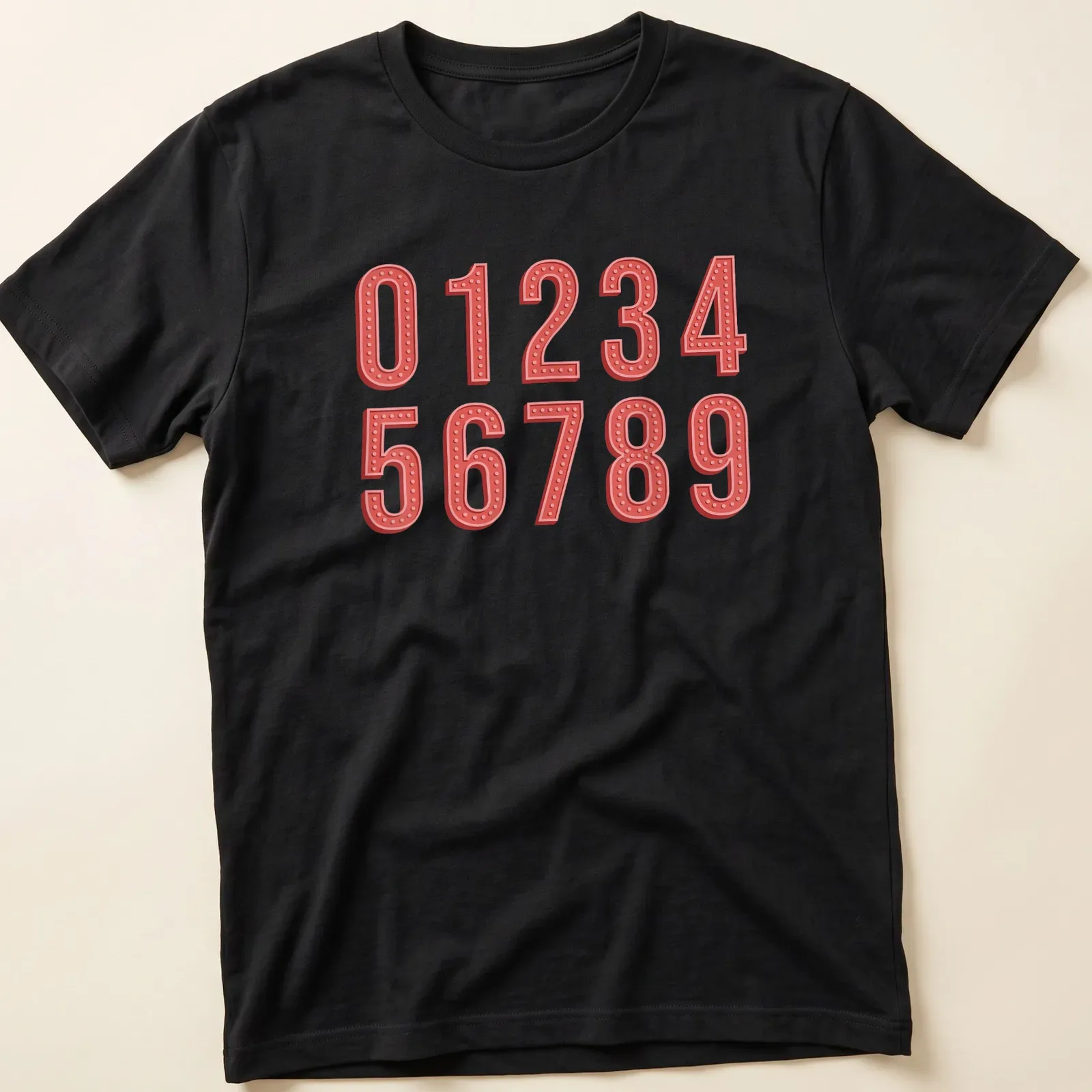 Retro marquee print featuring numbers 0 to 9 in red, pink, and white — printed on a unisex t-shirt