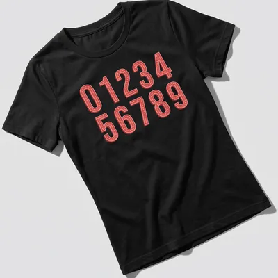 Retro marquee print featuring numbers 0 to 9 in red, pink, and white — printed on a women's shirt