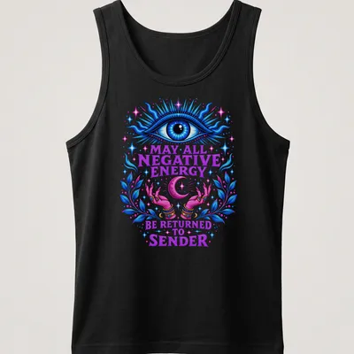 Vibrant t-shirt with mystical eye and hands, plus printed text about returning negative energy. — printed on a tank top