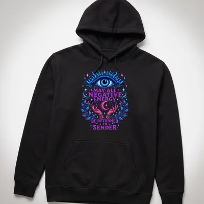Vibrant t-shirt with mystical eye and hands, plus printed text about returning negative energy. — printed on a unisex hoodie