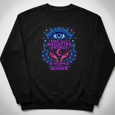 Vibrant t-shirt with mystical eye and hands, plus printed text about returning negative energy. — printed on a unisex sweatshirt