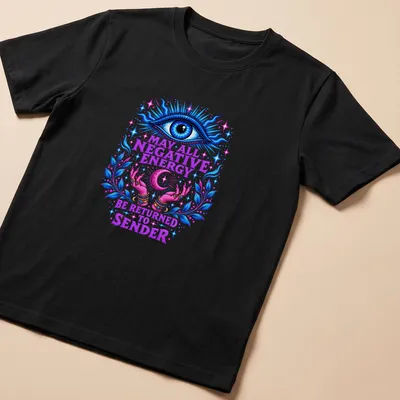 Vibrant t-shirt with mystical eye and hands, plus printed text about returning negative energy. — printed on a unisex t-shirt