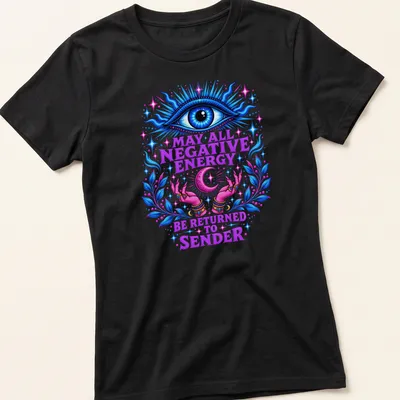 Vibrant t-shirt with mystical eye and hands, plus printed text about returning negative energy. — printed on a women's shirt