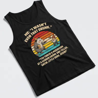 Playful cartoon of a possum and garden gnome with humorous text about mushrooms — printed on a tank top