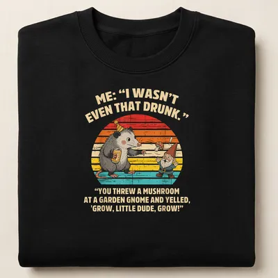 Playful cartoon of a possum and garden gnome with humorous text about mushrooms — printed on a unisex sweatshirt