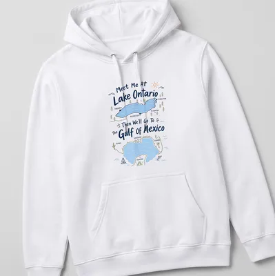 Playful illustrated shirt featuring Lake Ontario and Gulf of Mexico with colorful accents. — printed on a unisex hoodie