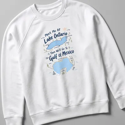 Playful illustrated shirt featuring Lake Ontario and Gulf of Mexico with colorful accents. — printed on a unisex sweatshirt