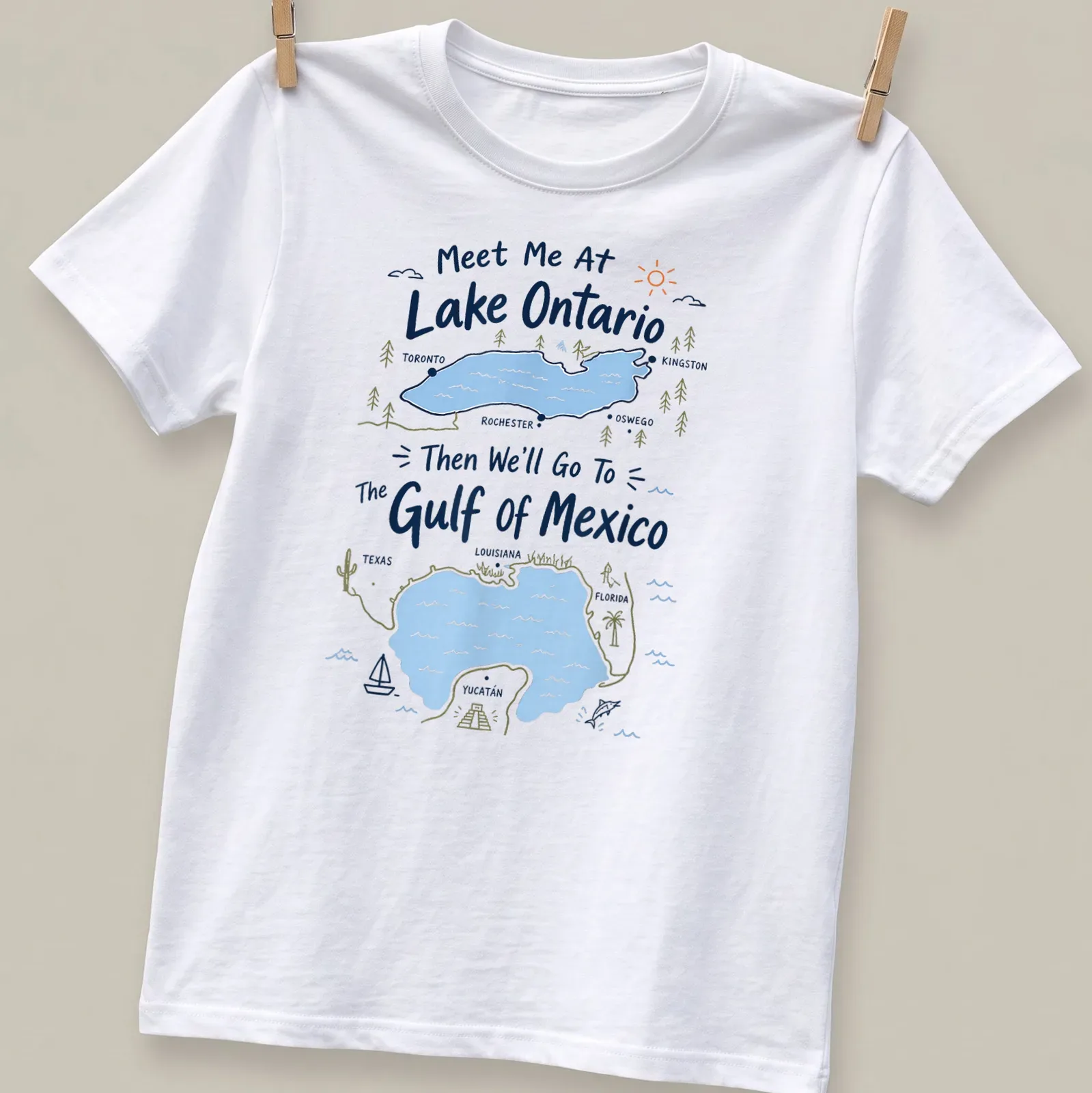 Playful illustrated shirt featuring Lake Ontario and Gulf of Mexico with colorful accents. — printed on a unisex t-shirt