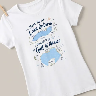 Playful illustrated shirt featuring Lake Ontario and Gulf of Mexico with colorful accents. — printed on a women's shirt