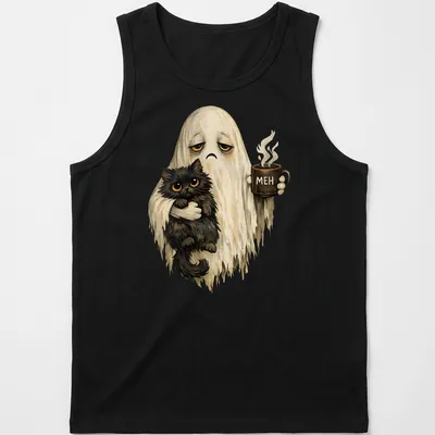 Whimsical vintage ghost holding a black cat with 'MEH' printed above — printed on a tank top