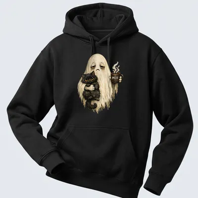 Whimsical vintage ghost holding a black cat with 'MEH' printed above — printed on a unisex hoodie
