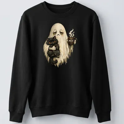 Whimsical vintage ghost holding a black cat with 'MEH' printed above — printed on a unisex sweatshirt