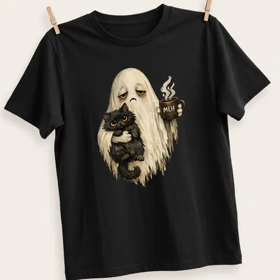 Whimsical vintage ghost holding a black cat with 'MEH' printed above — printed on a unisex t-shirt