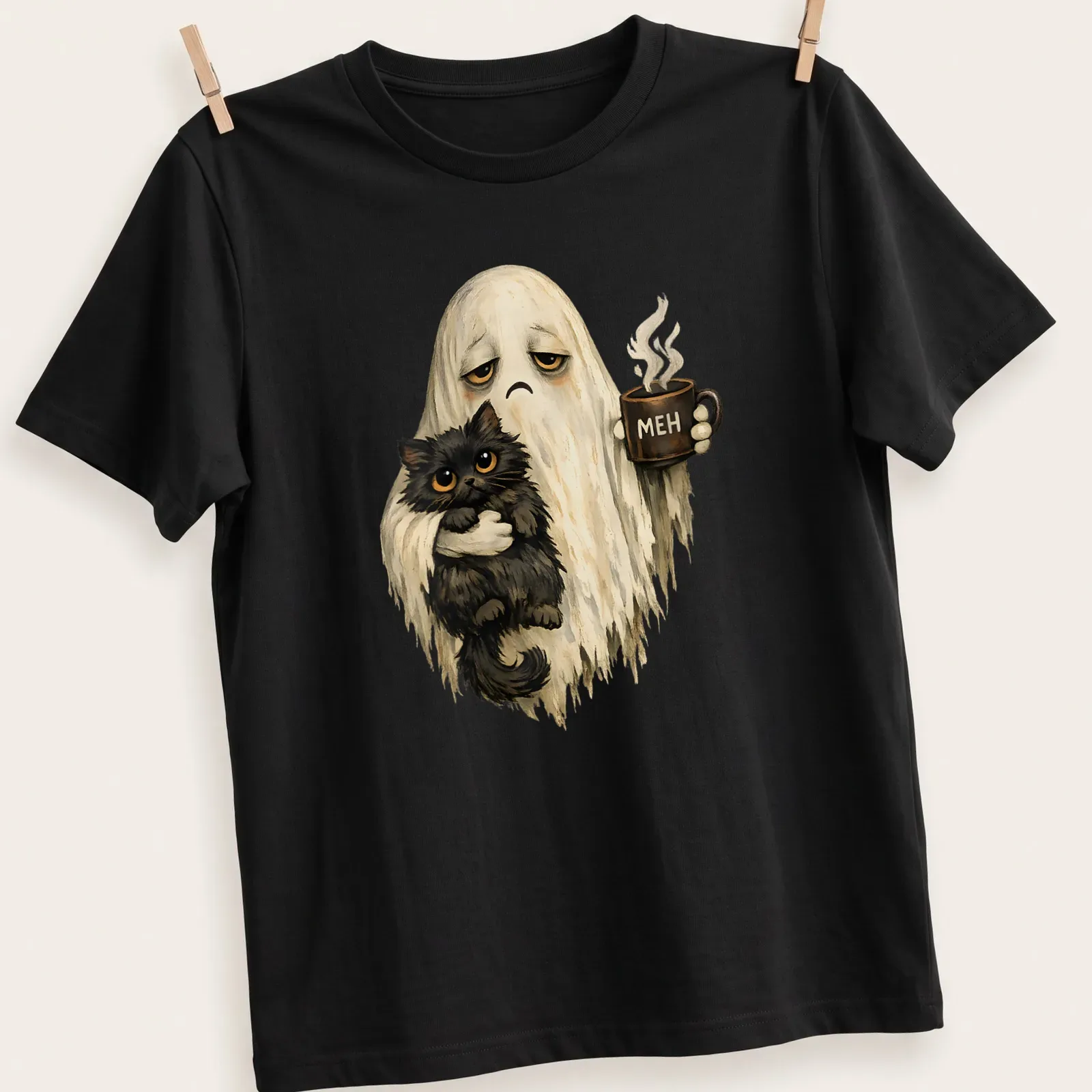Whimsical vintage ghost holding a black cat with 'MEH' printed above — printed on a unisex t-shirt