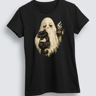 Whimsical vintage ghost holding a black cat with 'MEH' printed above — printed on a women's shirt