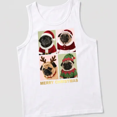 Festive design of pugs in Christmas costumes with Merry Christmas text — printed on a tank top