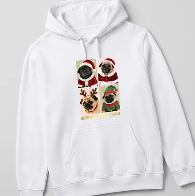 Festive design of pugs in Christmas costumes with Merry Christmas text — printed on a unisex hoodie