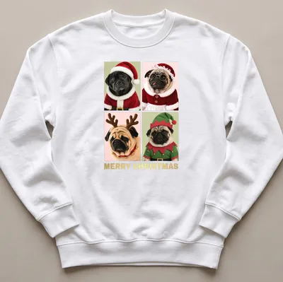 Festive design of pugs in Christmas costumes with Merry Christmas text — printed on a unisex sweatshirt