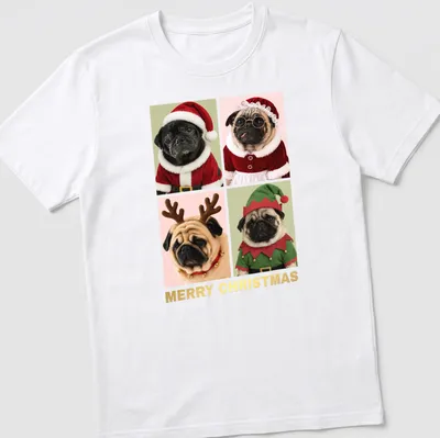 Festive design of pugs in Christmas costumes with Merry Christmas text — printed on a unisex t-shirt