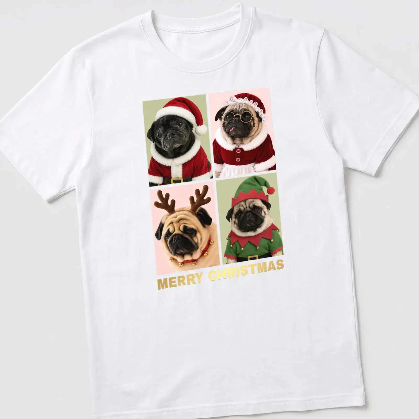 Festive design of pugs in Christmas costumes with Merry Christmas text — printed on a unisex t-shirt