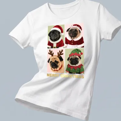 Festive design of pugs in Christmas costumes with Merry Christmas text — printed on a women's shirt