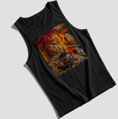Colorful folk art coffee cup on a vibrant table in blue, orange, pink, yellow, and green — printed on a tank top
