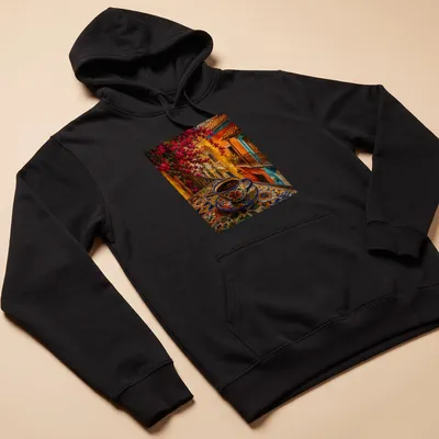 Colorful folk art coffee cup on a vibrant table in blue, orange, pink, yellow, and green — printed on a unisex hoodie