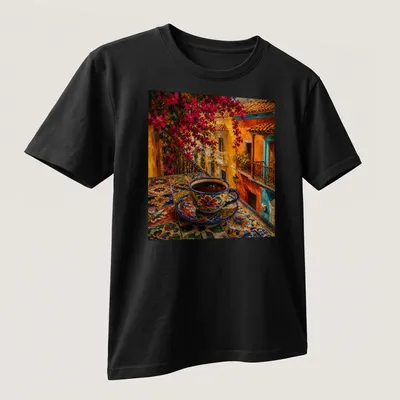 Colorful folk art coffee cup on a vibrant table in blue, orange, pink, yellow, and green — printed on a unisex t-shirt (angled view)