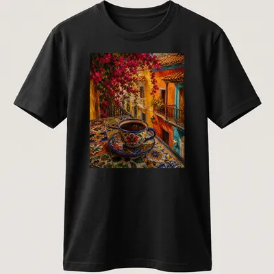 Colorful folk art coffee cup on a vibrant table in blue, orange, pink, yellow, and green — printed on a unisex t-shirt