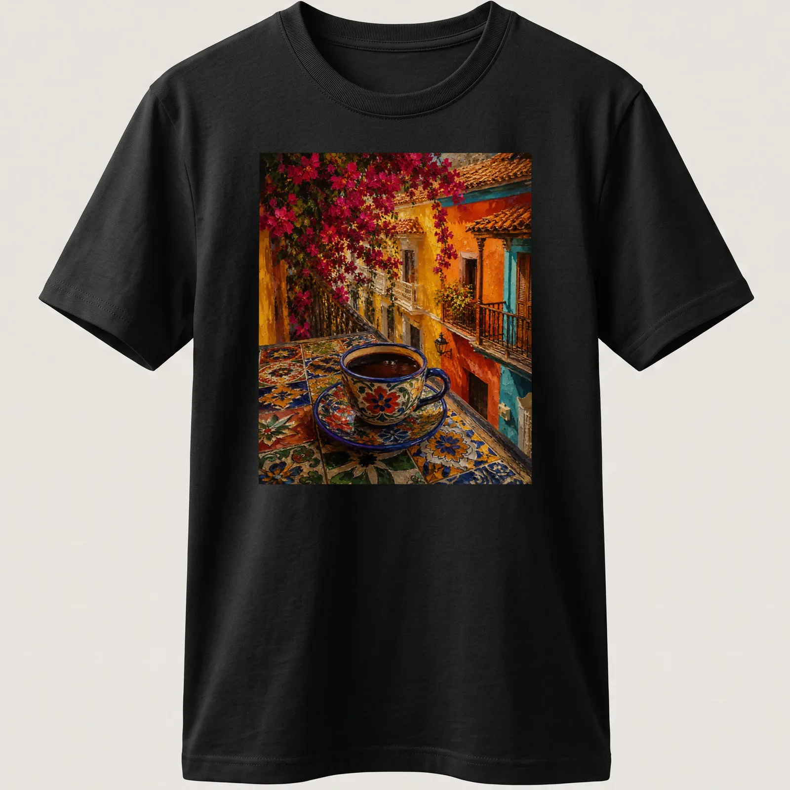 Colorful folk art coffee cup on a vibrant table in blue, orange, pink, yellow, and green — printed on a unisex t-shirt