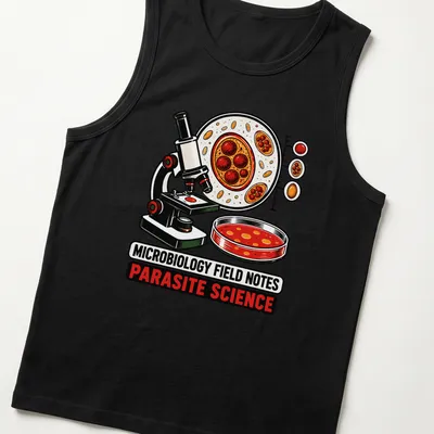 Colorful cartoon Microbiology Field Notes T-shirt featuring a microscope and petri dish — printed on a tank top