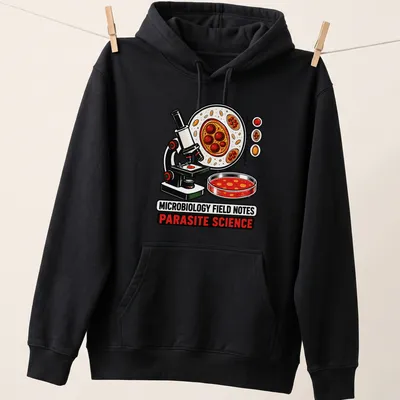 Colorful cartoon Microbiology Field Notes T-shirt featuring a microscope and petri dish — printed on a unisex hoodie
