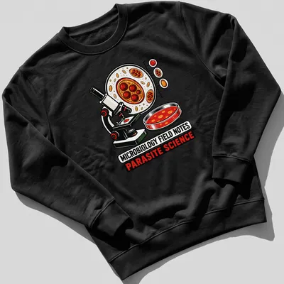 Colorful cartoon Microbiology Field Notes T-shirt featuring a microscope and petri dish — printed on a unisex sweatshirt