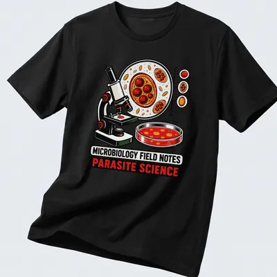 Colorful cartoon Microbiology Field Notes T-shirt featuring a microscope and petri dish — printed on a unisex t-shirt