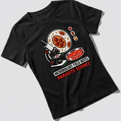 Colorful cartoon Microbiology Field Notes T-shirt featuring a microscope and petri dish — printed on a women's shirt
