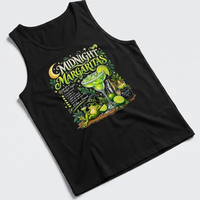Whimsical graphic of a frog in a witch hat holding a margarita with a recipe text — printed on a tank top