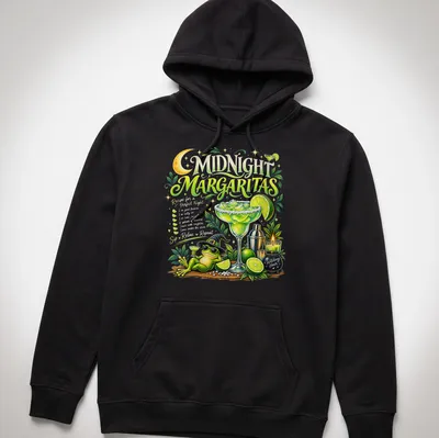 Whimsical graphic of a frog in a witch hat holding a margarita with a recipe text — printed on a unisex hoodie